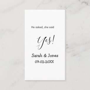 He asked she said yes engagement simple minimal business card