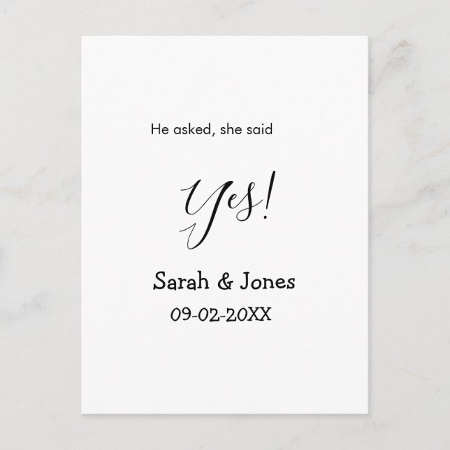 He asked she said yes engagement simple minimal  postcard (Front)