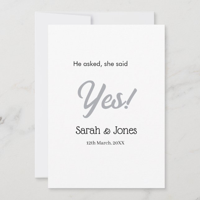 He asked she said yes engagement simple silver dat invitation (Front)