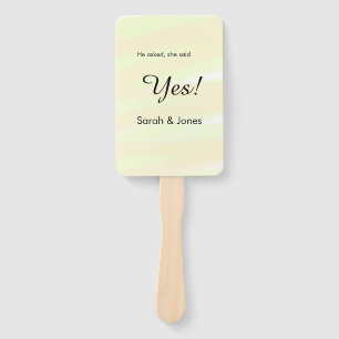 He asked she said yes engagement yellow pastel hand fan