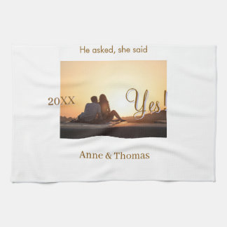 He asked she said yes photo engaged Brown purple n Kitchen Towel