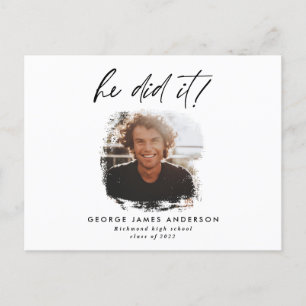 He did it blue modern photo graduation postcard