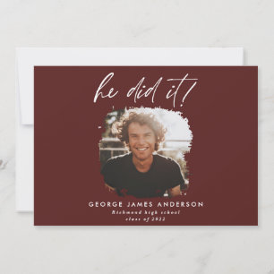 He did it burgundy modern photo graduation   invitation