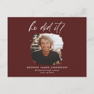 He did it burgundy modern photo graduation  postcard