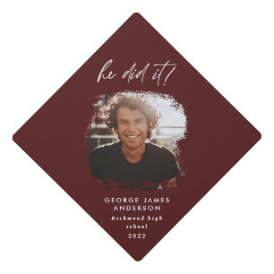 He did it geometric photo burgundy elegant graduation cap topper