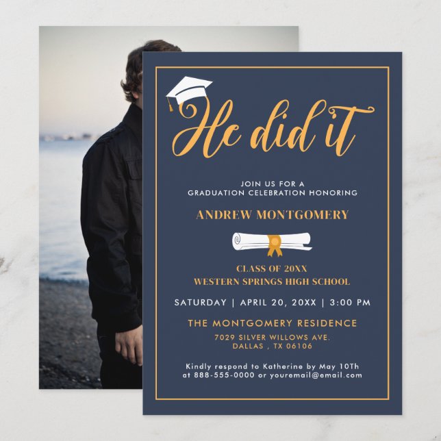 He Did It Grad Cap Tassel Blue Graduation Photo Invitation (Front/Back)