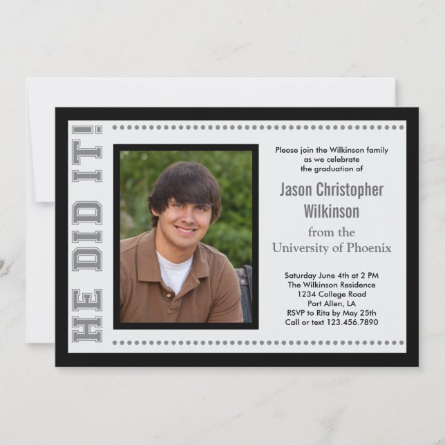 He Did It! Graduation Photo Invitation (Front)