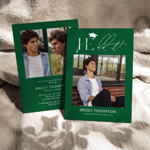 He Did It Green & White 3 Photo Graduation Party Invitation
