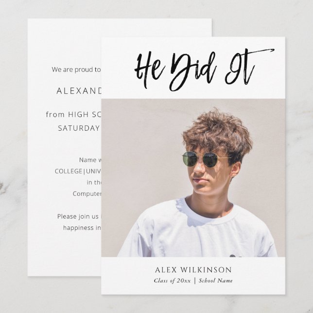 He Did It Modern Calligraphy Photo Graduation Announcement (Front/Back)