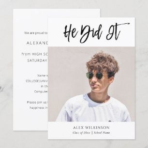 He Did It Modern Calligraphy Photo Graduation Announcement