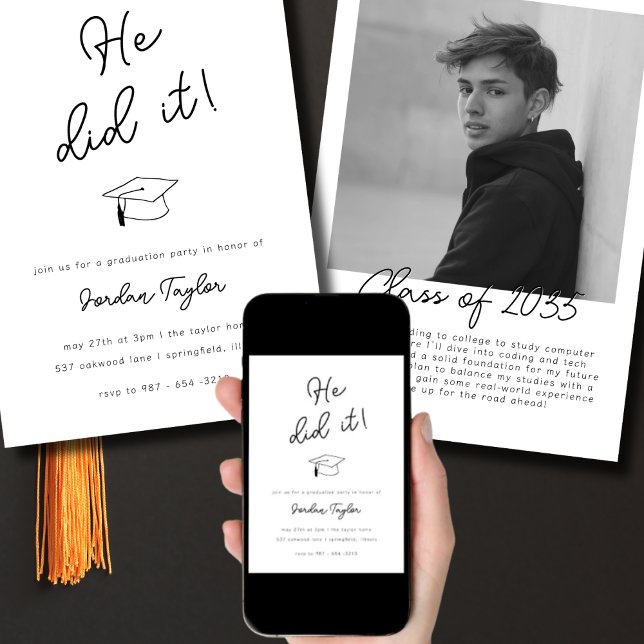 He Did It Photo Graduation Party Black and White Invitation (Creator Uploaded)