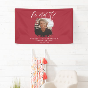 He did it red modern photo graduation banner