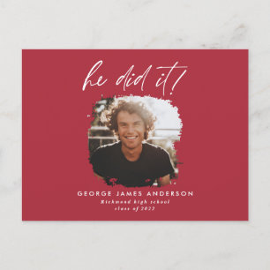 He did it red modern photo graduation postcard