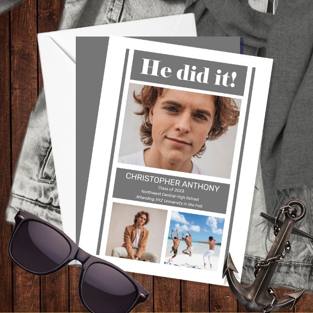He Did It Simple Minimalist Grey Graduation Announcement (Creator Uploaded)