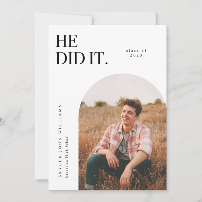 He Did It White Arch Graduation Announcement (Front)