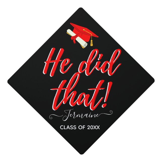 He Did That| Diploma & Red Urban  Graduation Cap Topper (Front)