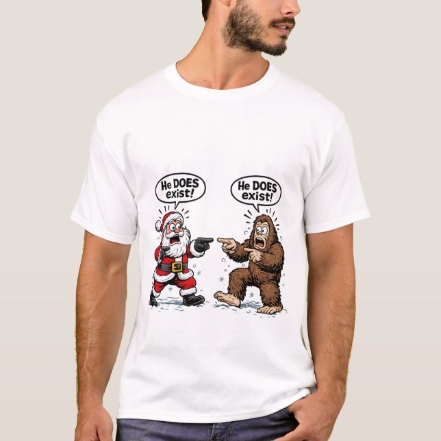 He does exist! Santa & Bigfoot T-Shirt (Front)