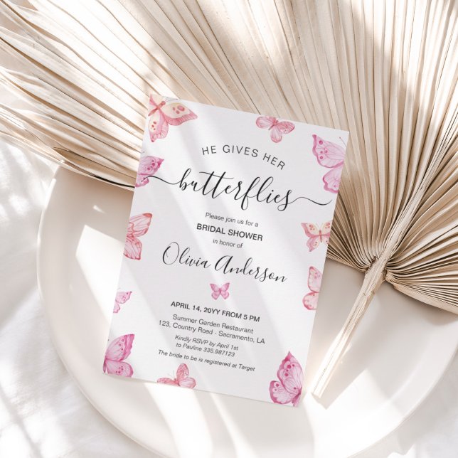 He gives her Butterflies Bridal Shower Invitation (Creator Uploaded)
