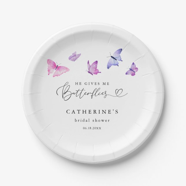 He Gives Me Butterflies Cute Bridal Shower Paper Plate (Front)