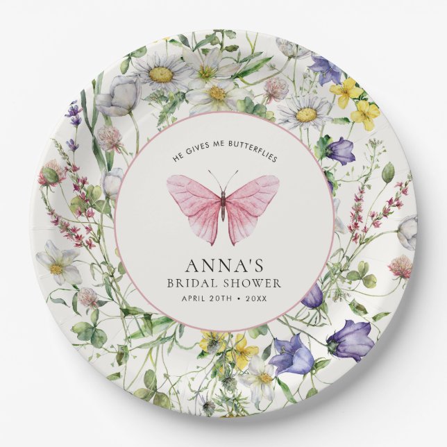 He Gives Me Butterflies Flowers Bridal Shower  Paper Plate (Front)
