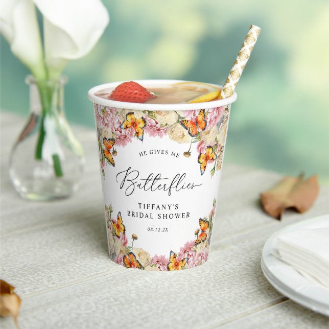 He Gives Me Butterflies Peonies Bridal Shower Paper Cups (Insitu)