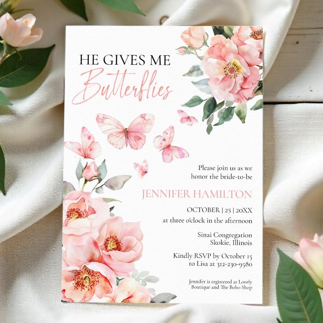 He Gives Me Butterflies Pink Blush Bridal Shower  Invitation (Creator Uploaded)