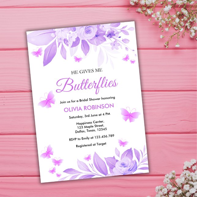 He Gives Me Butterflies Purple Bridal Shower Invitation (He Gives Me Butterflies Purple Bridal Shower Invitation )