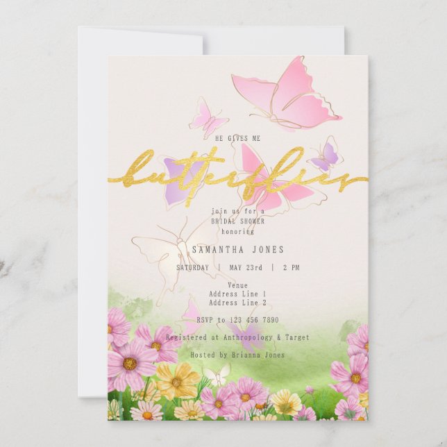 He Gives Me Butterflies Wildflowers Bridal Shower  Invitation (Front)