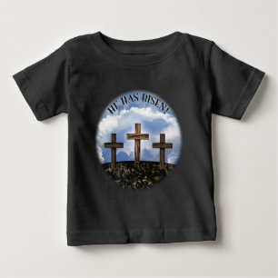 He Has Risen 3 Rugged Crosses + John 3:16 Baby T-Shirt