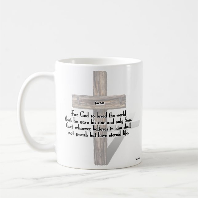 He Has Risen 3 Rugged Crosses + John 3:16 Coffee Mug (Left)