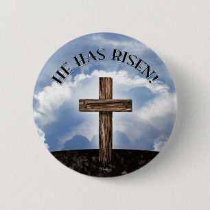 He Has Risen Rugged Cross Sky 2 Inch Round Button