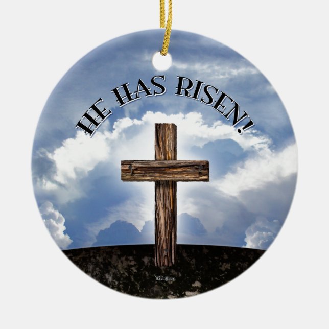 He Has Risen Rugged Cross Sky Ceramic Ornament (Front)