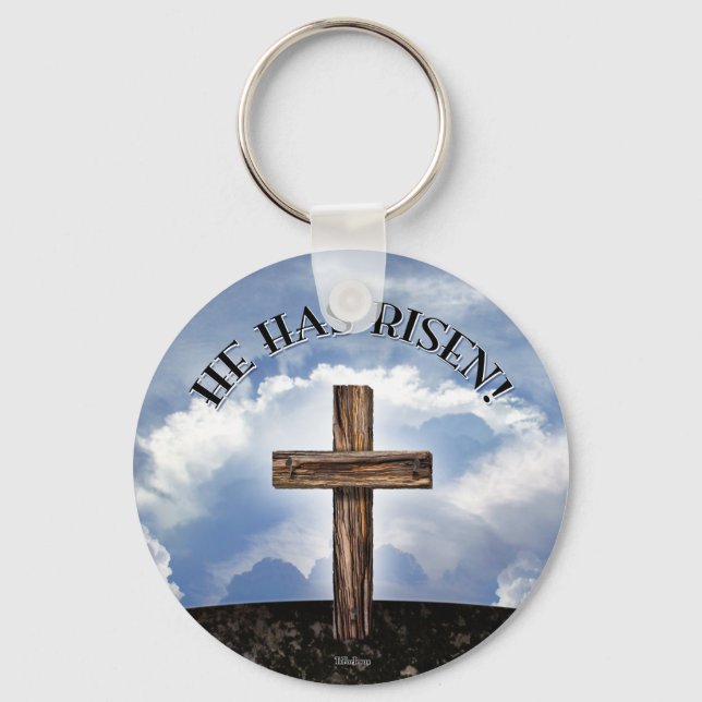 He Has Risen Rugged Cross Sky Keychain (Front)