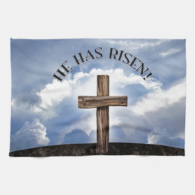 He Has Risen Rugged Cross Sky Kitchen Towel (Horizontal)