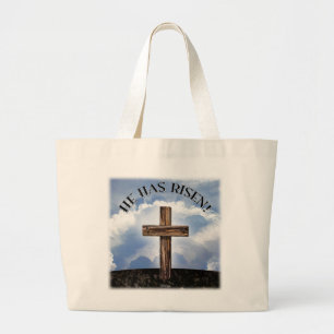 He Has Risen Rugged Cross Sky Large Tote Bag