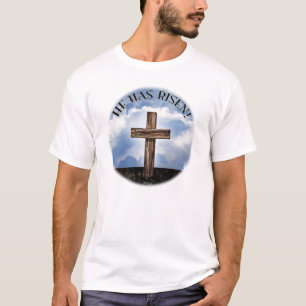 He Has Risen Rugged Cross Sky T-Shirt
