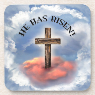 He Has Risen Rugged Cross With Clouds Coaster