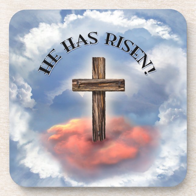 He Has Risen Rugged Cross With Clouds Coaster (Front)