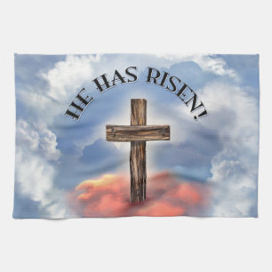 He Has Risen Rugged Cross With Clouds Kitchen Towel