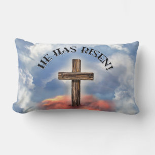 He Has Risen Rugged Cross With Clouds Lumbar Pillow