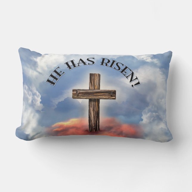He Has Risen Rugged Cross With Clouds Lumbar Pillow (Front)
