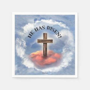 He Has Risen Rugged Cross With Clouds Napkin