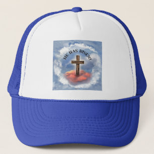 He Has Risen Rugged Cross With Clouds Trucker Hat