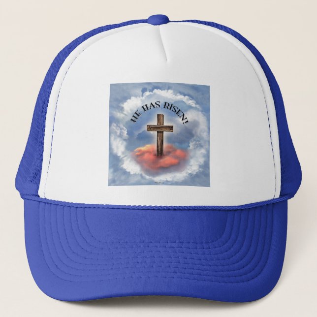 He Has Risen Rugged Cross With Clouds Trucker Hat (Front)