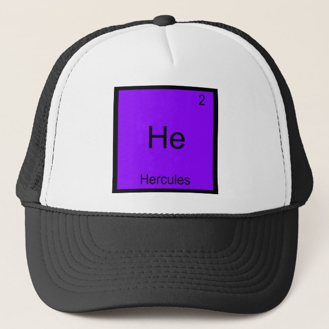 He - Hercules Funny Chemistry Element Symbol Tee Trucker Hat (Front)