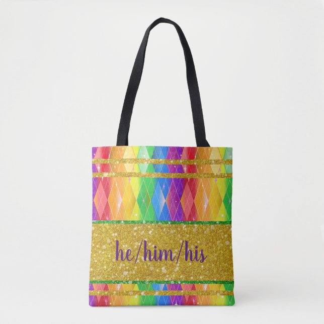he him his pronoun glitter rainbow pride argyle tote bag (Front)