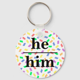He him pastel rainbow sprinkles pronoun keychain