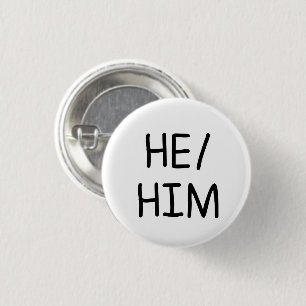 he/him pronoun button badge pin handwritten