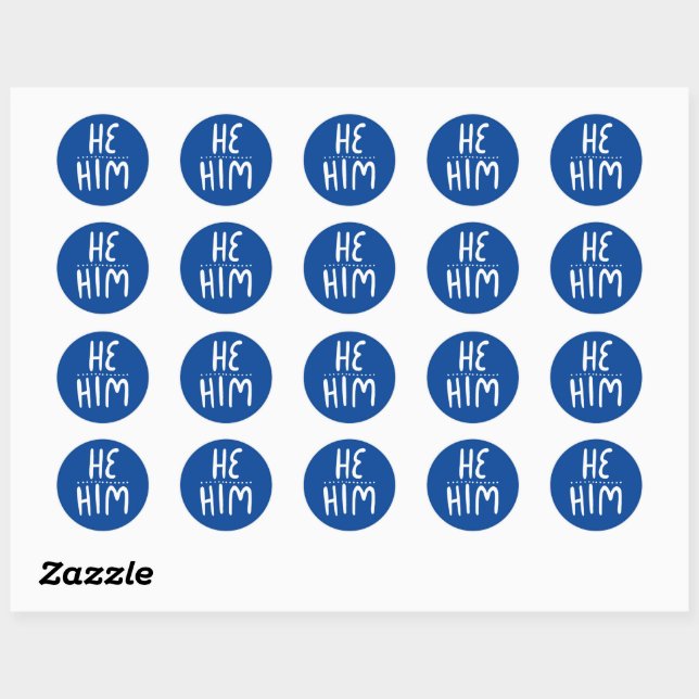 HE / HIM Pronouns Blue Handlettering Set of Classic Round Sticker (Sheet)