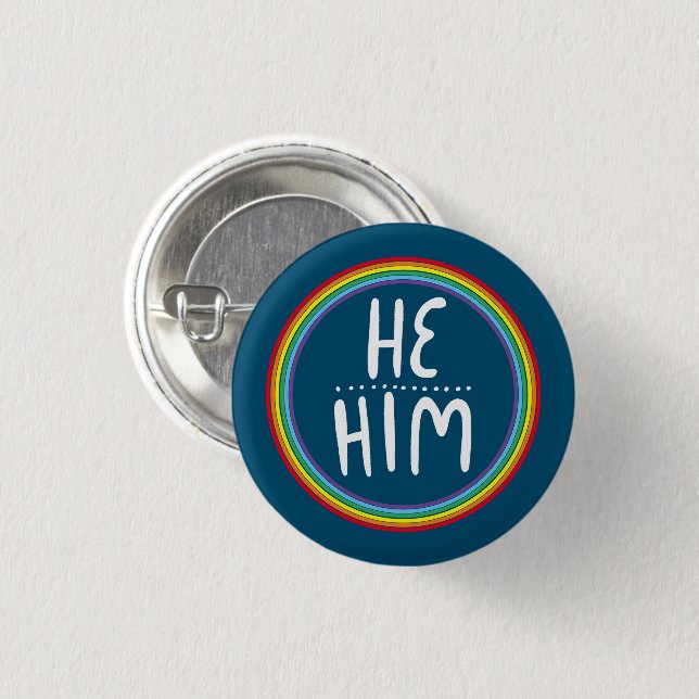 HE/HIM Pronouns Rainbow Handlettered Blue 1 Inch Round Button (Front & Back)